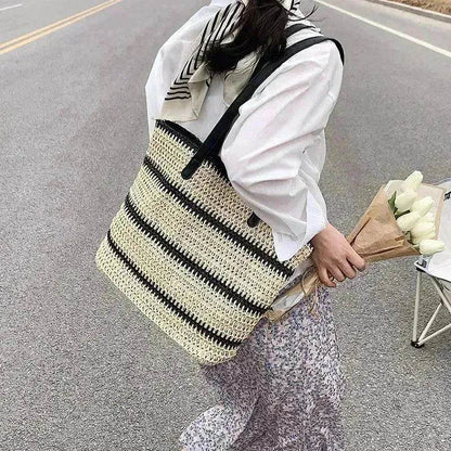 Striped Large Capacity Casual Summer Woven Straw Beach Tote Bag