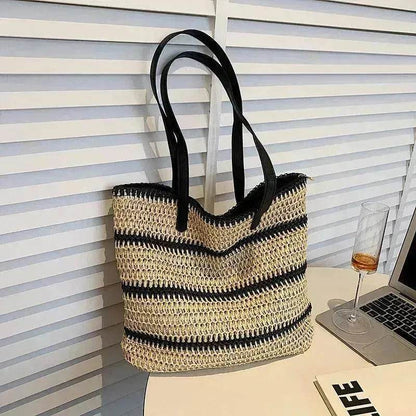 Striped Large Capacity Casual Summer Woven Straw Beach Tote Bag