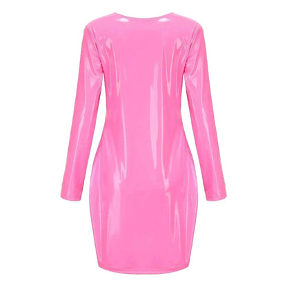 Mini-robe moulante en cuir élégante pour femmes, col en V, fermeture éclair, robe courte de soirée