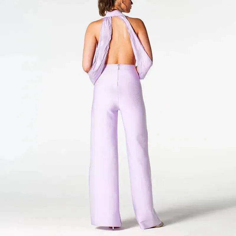 Summer Backless Halter V-neck Slimming Backless Slit Jumpsuit