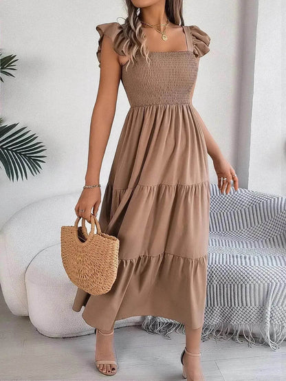 Summer Dress Casual Women's Sleeveless Midi Dress Pleated Long Layered Dress
