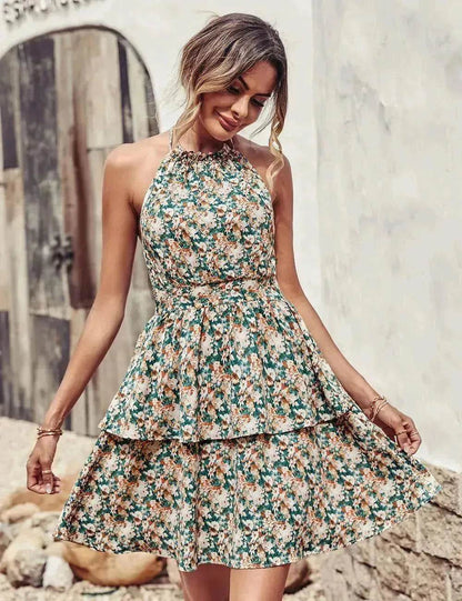 Summer Printed Halter Dress Fashion Boho Backless Ruffled A-Line Beach Dresses For Womens Clothing