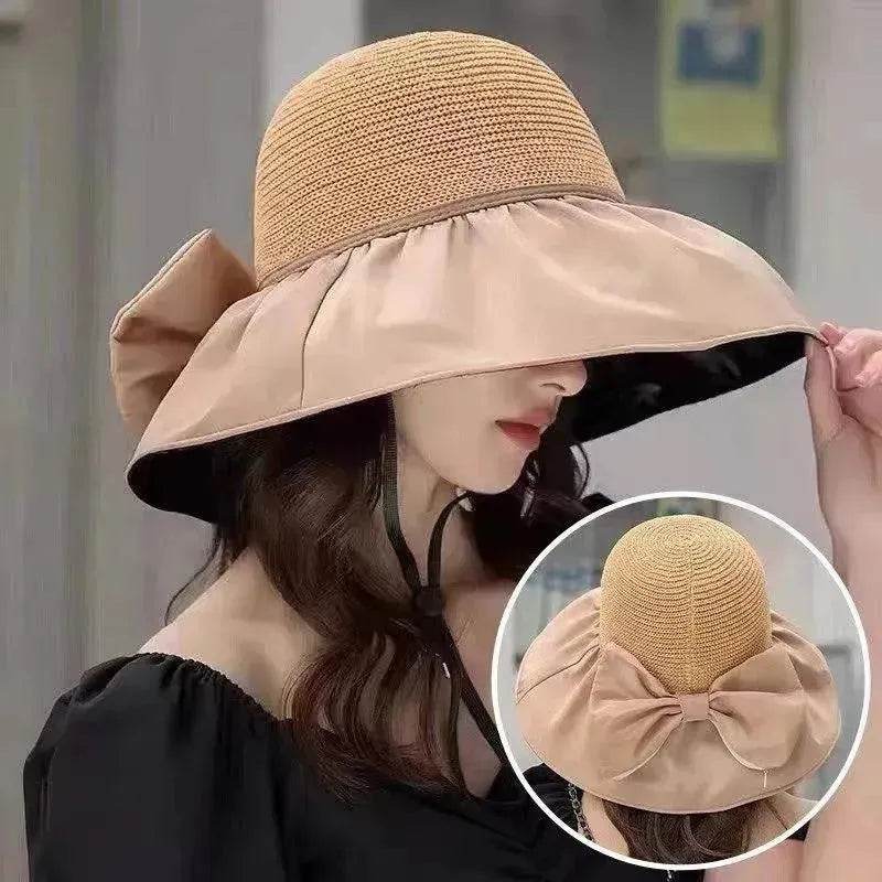 Chapeau de soleil en paille d'été à large bord et grand nœud, chapeau de pêcheur anti-UV, protection solaire et faciale pour l'extérieur