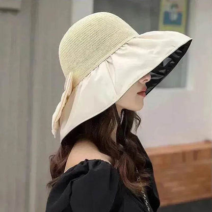 Chapeau de soleil en paille d'été à large bord et grand nœud, chapeau de pêcheur anti-UV, protection solaire et faciale pour l'extérieur