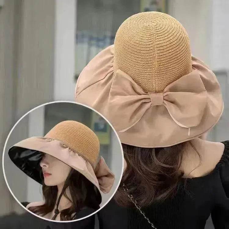 Chapeau de soleil en paille d'été à large bord et grand nœud, chapeau de pêcheur anti-UV, protection solaire et faciale pour l'extérieur