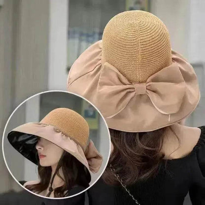 Chapeau de soleil en paille d'été à large bord et grand nœud, chapeau de pêcheur anti-UV, protection solaire et faciale pour l'extérieur
