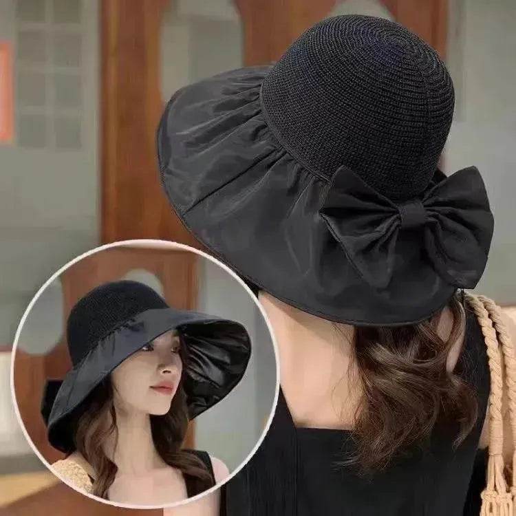 Chapeau de soleil en paille d'été à large bord et grand nœud, chapeau de pêcheur anti-UV, protection solaire et faciale pour l'extérieur