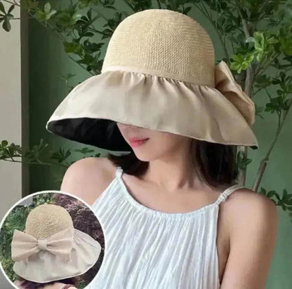 Chapeau de soleil en paille d'été à large bord et grand nœud, chapeau de pêcheur anti-UV, protection solaire et faciale pour l'extérieur