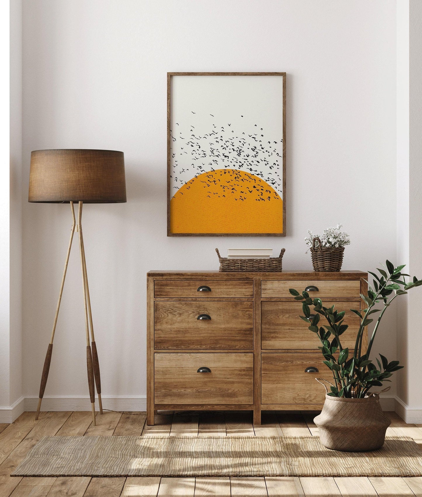 Sunset Birds Giclee Print: Retro Minimalist Art, Handframed Option