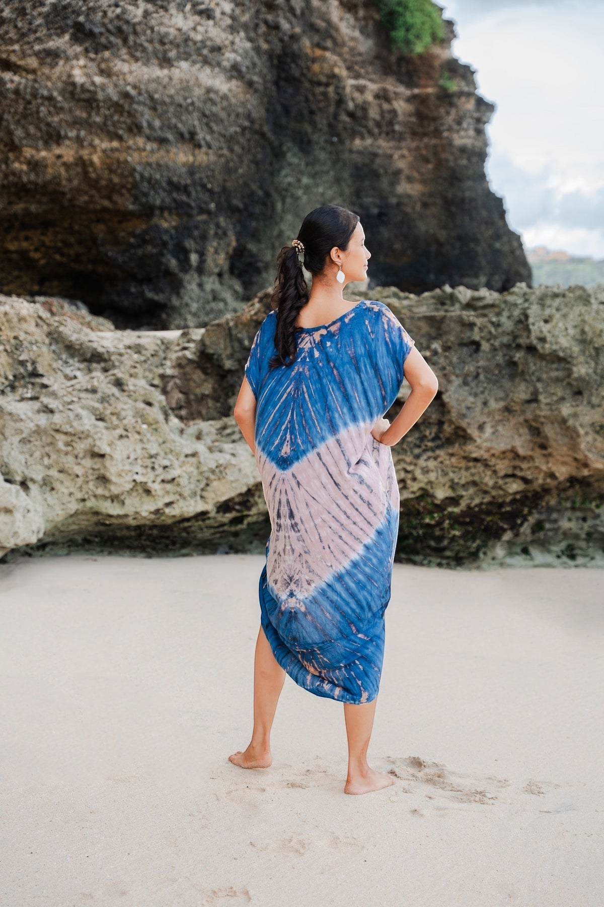 Tie Dye Kaftan Beach Dress - Blue & Pink