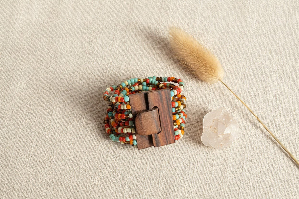 Multi Strand Bracelet with Wooden Clasp
