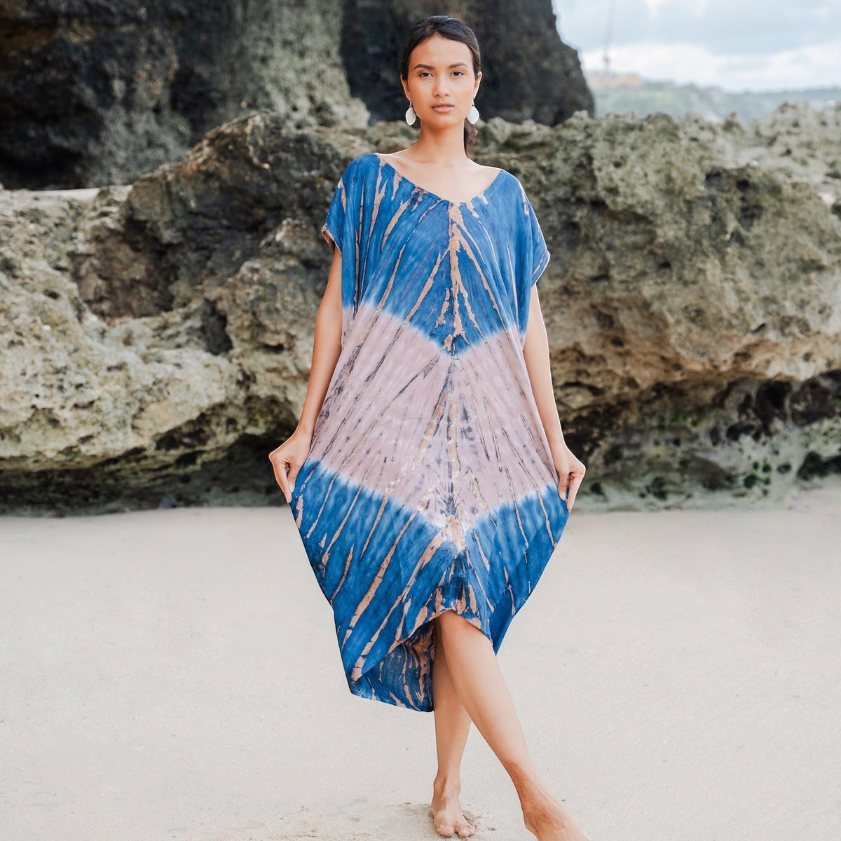 Tie Dye Kaftan Beach Dress - Blue & Pink