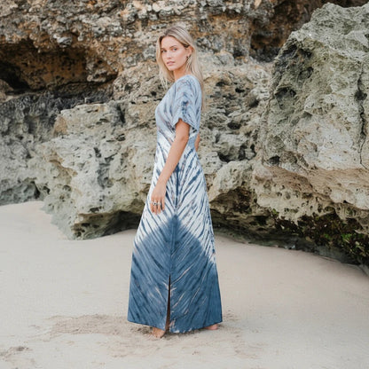 Robe longue Tie Dye Ombre en Lapis - Crème et Gris