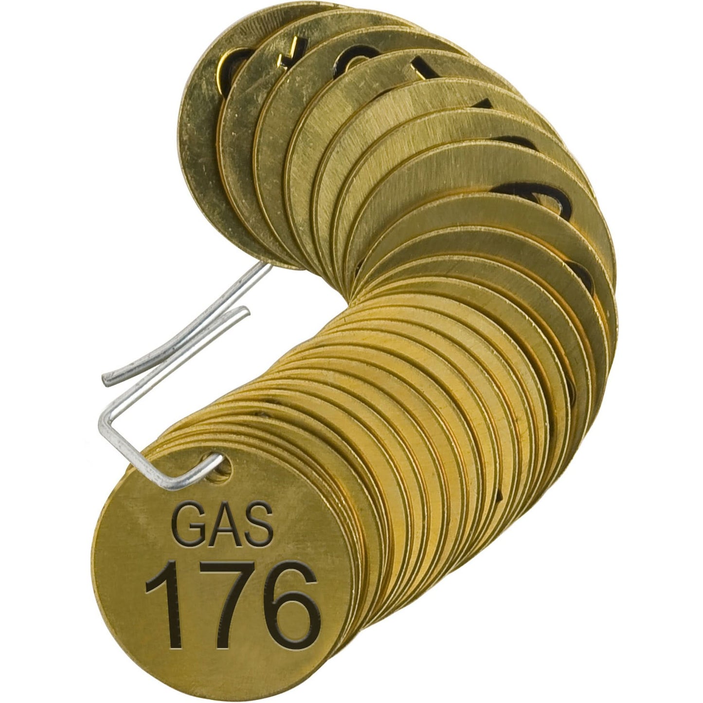 Numbered "GAS" Valve Tags, # 176-200, Brass, 1.5" dia