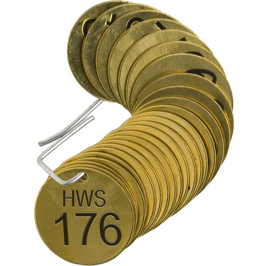 Numbered "HWS" Valve Tags, # 176-200, Brass, 1.5" dia
