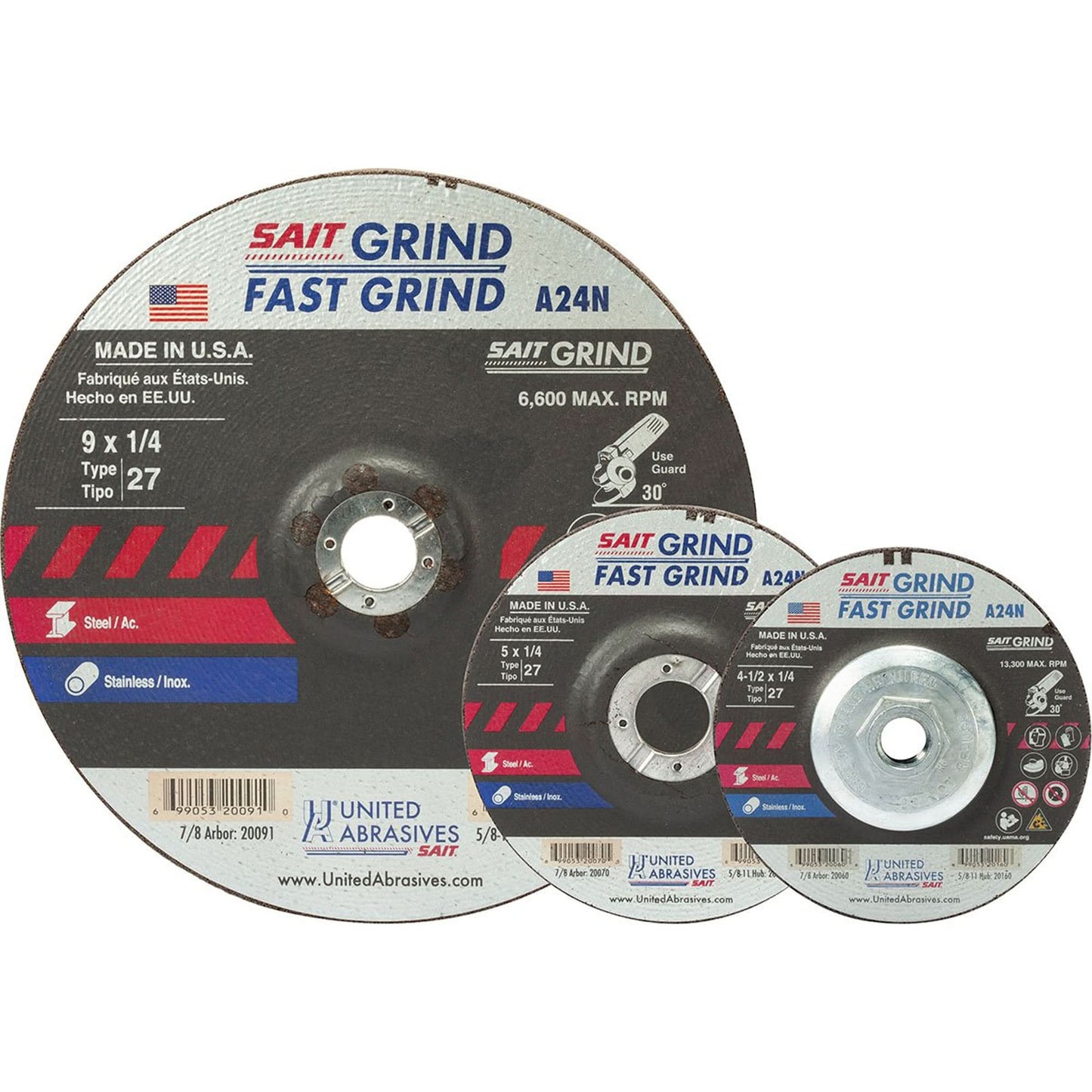 A24N Fast Grinding Wheel, 9" x 1/4", 7/8" Arbor, Aluminum Oxide, Type 27