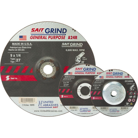 Disque à meuler longue durée A24R, 5 po x 1/4 po, alésage 7/8 po, oxyde d'aluminium, type 27