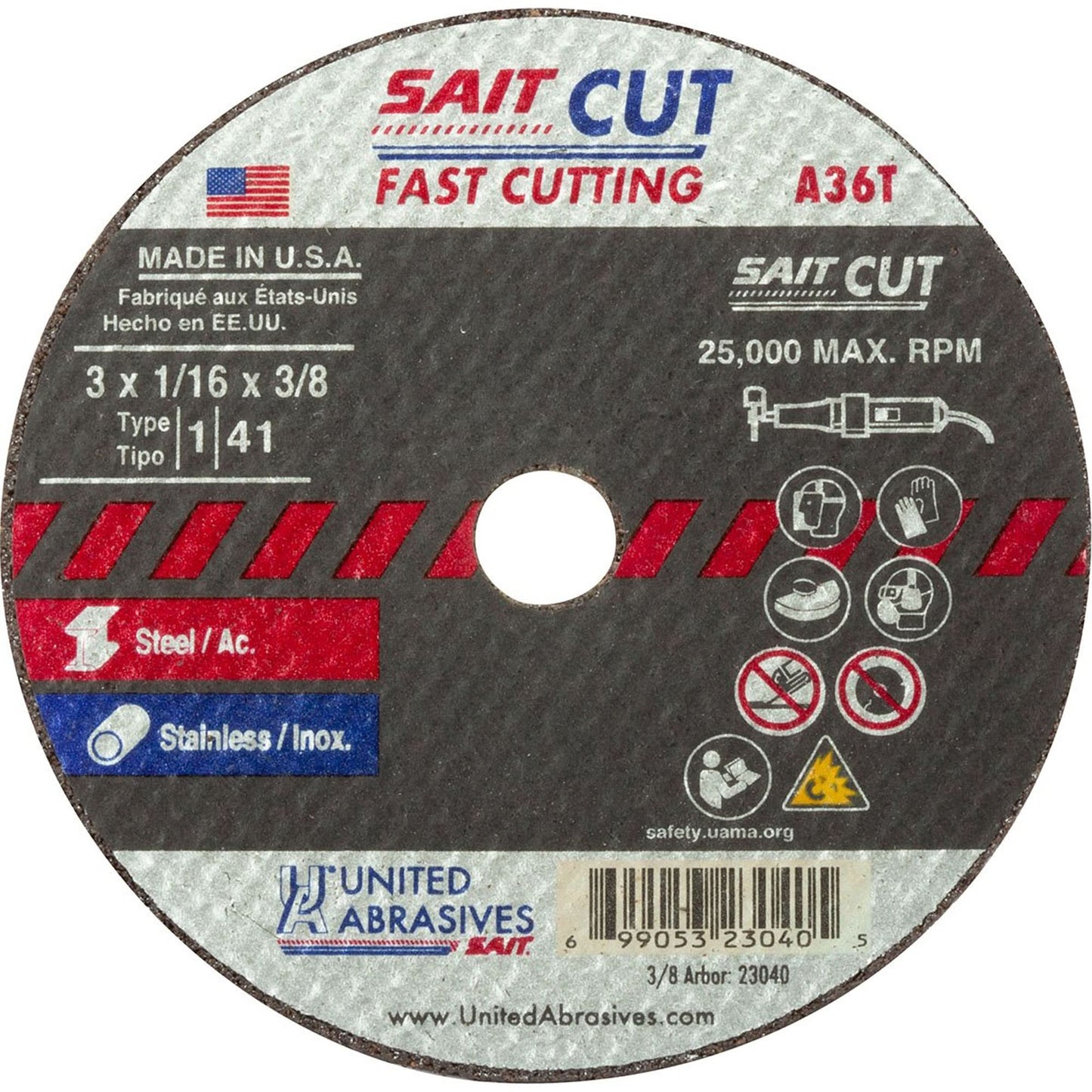Cut-Off Wheel (A36T), 14" x 1/16", 3/8" Arbor, Type 1, Aluminum Oxide, 19000 RPM