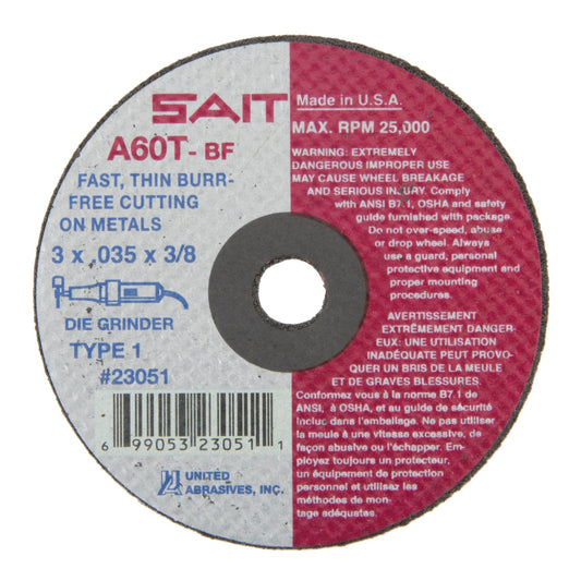 Cut-Off Wheel (A36T), 3" x 0.035", 3/8" Arbor, Type 1, Aluminum Oxide, 25000 RPM