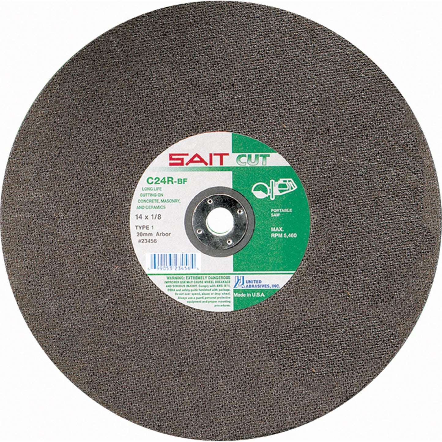 C24R Concrete High Speed Cut-Off Wheel, 14" x 1/8", 1" Arbor, Type 1, Silicon Carbide, 5400 RPM