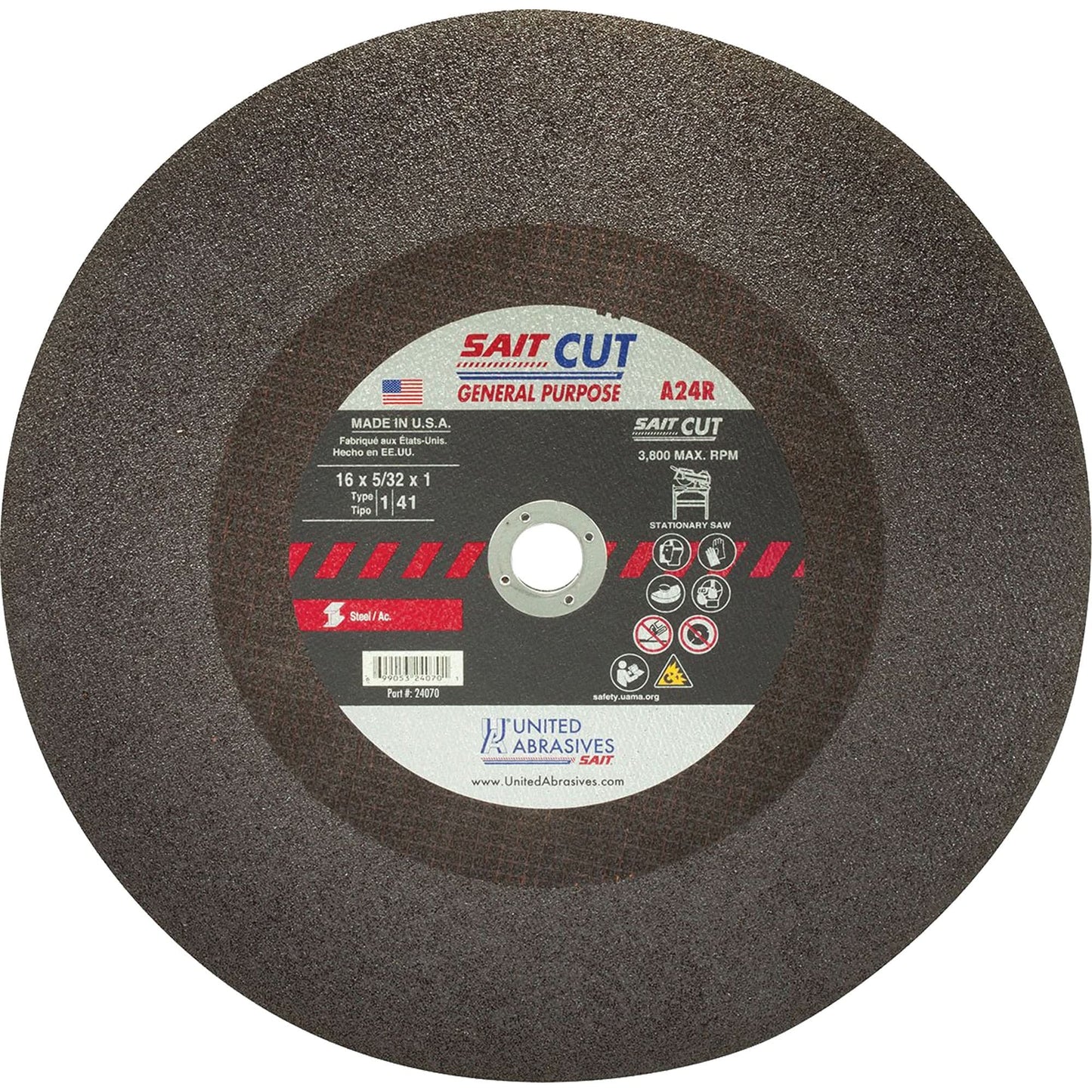 Cut-Off WHEEL A24R, 16" x 5/32", 1" Arbor, Type 1, Aluminum Oxide, 3800 RPM