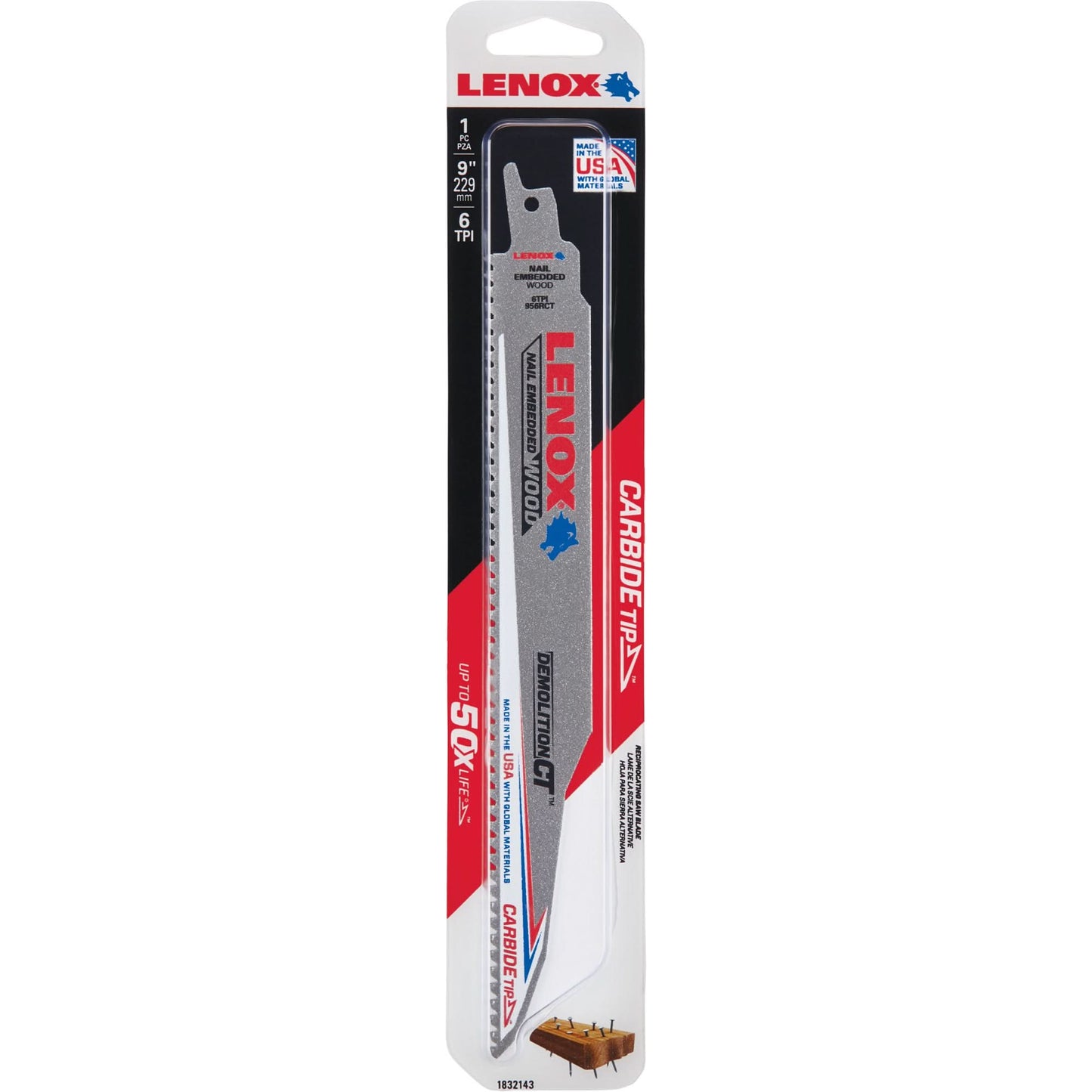 Demolition Reciprocating Saw Blade, Carbide, 6 TPI, 9" L x 1" W