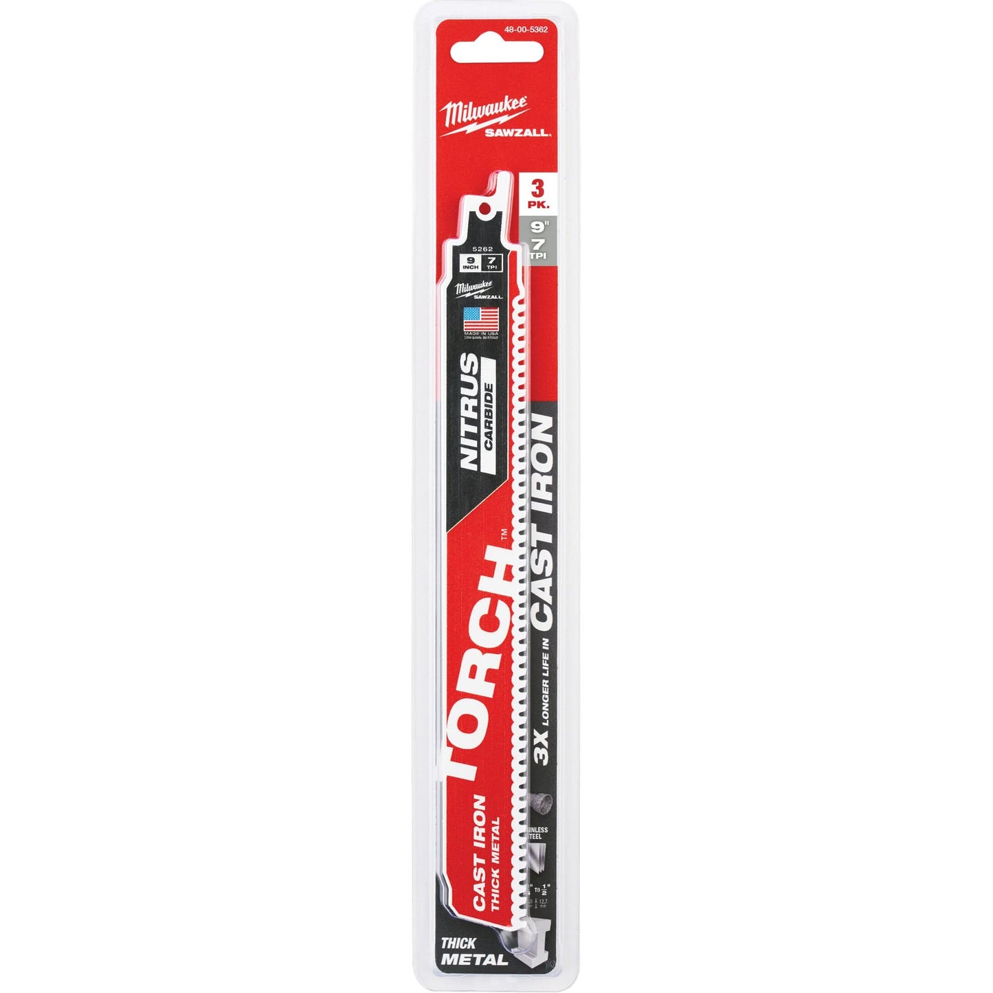 Sawzall® Torch™ Reciprocating Saw Blades, Carbide, 7 TPI, 9" L x 2" W