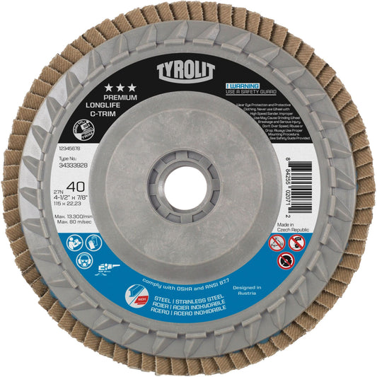 Long Life C-Trim Flap Disc, 4-1/2" x 5/8"-11, Type 27, 80 Grit, Zirconia Alumina