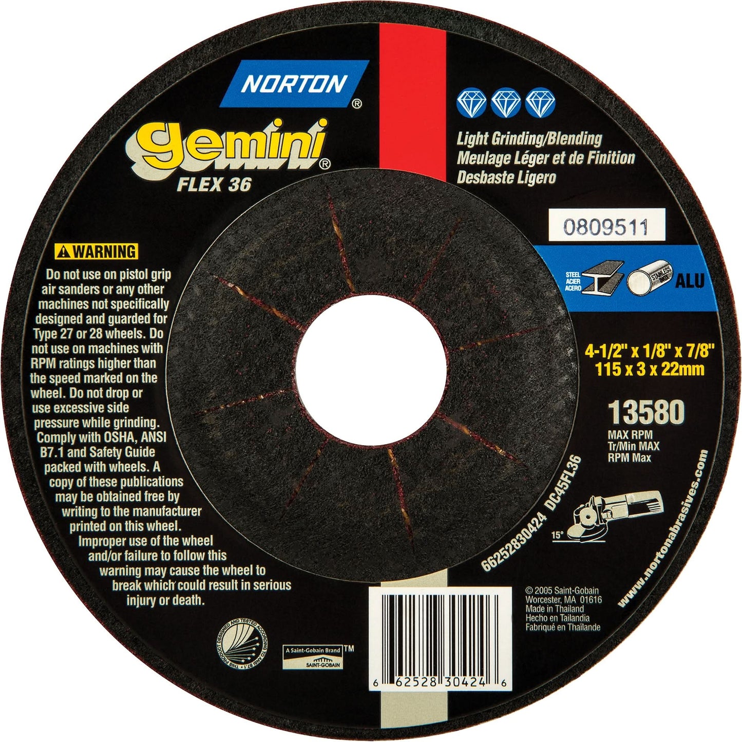 Gemini® Flexible Mini Disc Depressed Centre Wheel, 4-1/2" x 1/8", 7/8" Arbor, Aluminum Oxide, Type 27