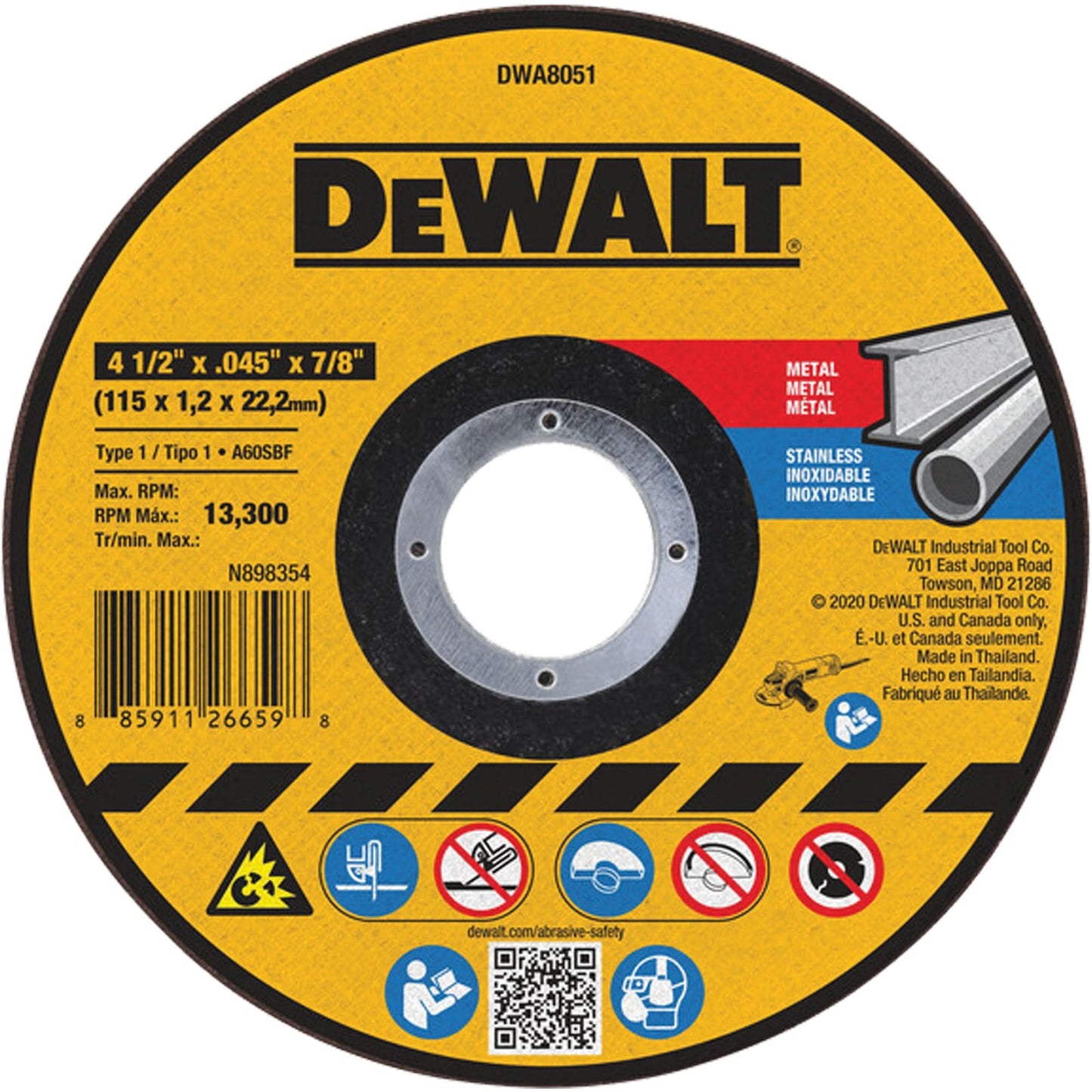 Metal Cut-Off Wheel, 4-1/2" x 0.045", 7/8" Arbor, Aluminum Oxide, Type 1