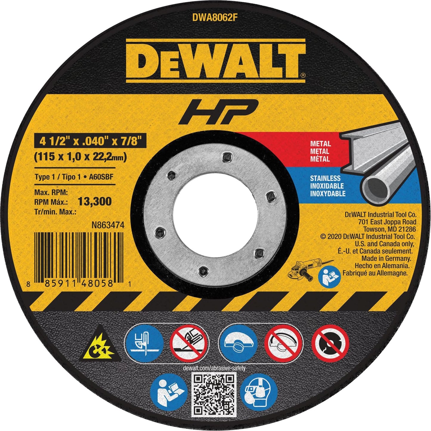 HP™ Metal Cut-Off Wheel, 4-1/2" x 0.04", 7/8" Arbor, Type 1, Aluminum Oxide, 13300 RPM