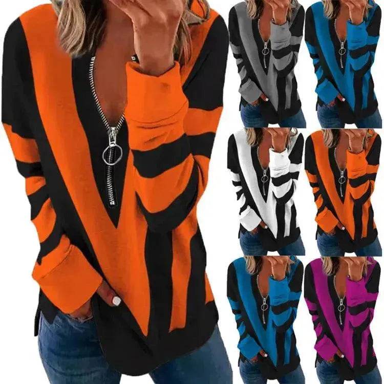 Temperament Chest Zipper V Printed Long Sleeve T-shirt