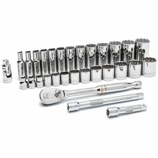 12-Point SAE Mechanics Tool Set, 30 Pcs, 3/8" Drive Size, Deep