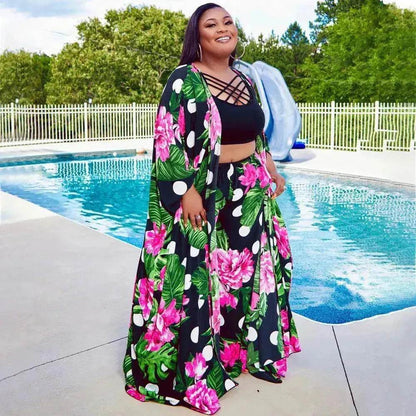 Trendy European and American Ruffle Sleeve Women's Printed Pants Coat Set