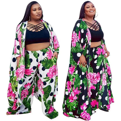 Trendy European and American Ruffle Sleeve Women's Printed Pants Coat Set