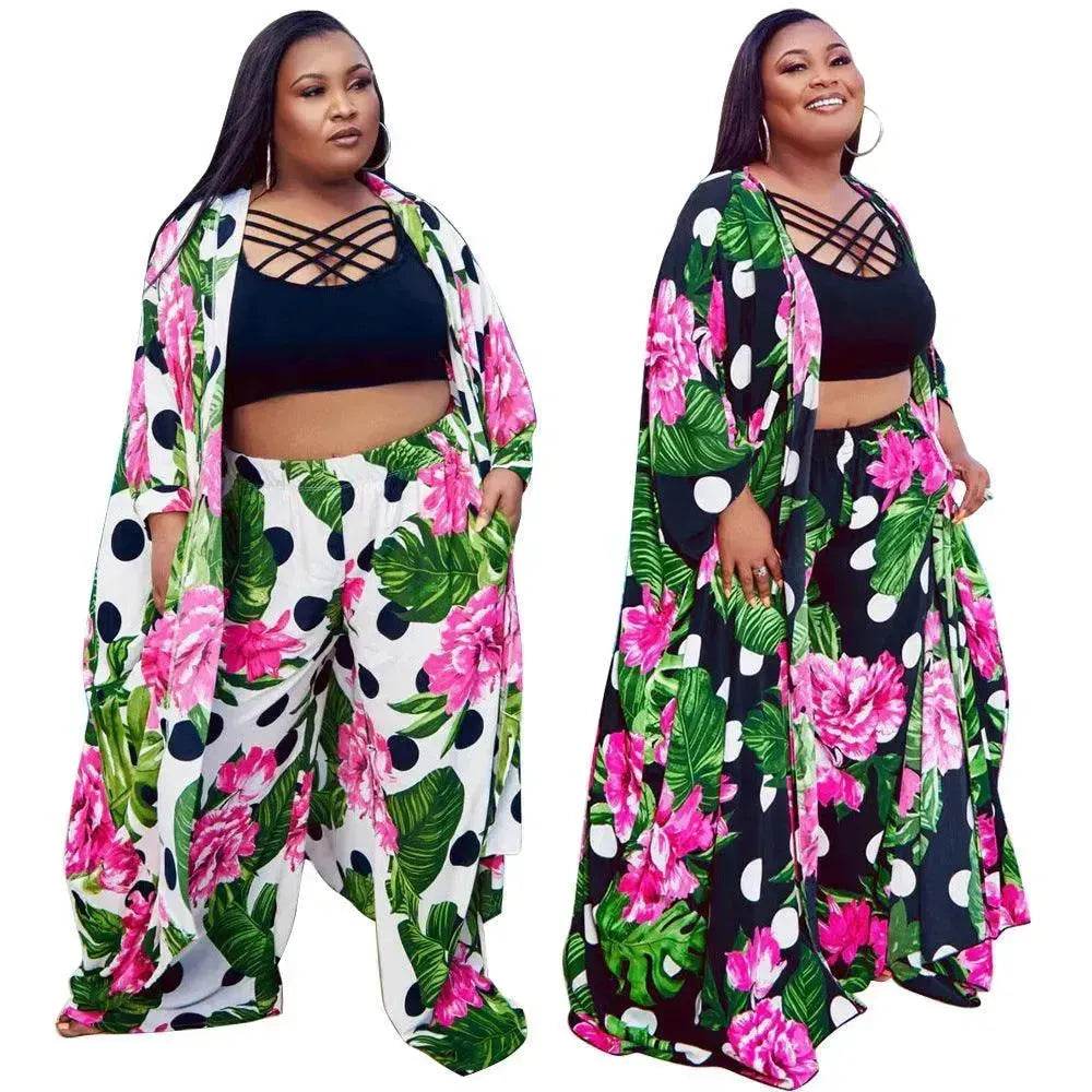 Trendy European and American Ruffle Sleeve Women's Printed Pants Coat Set