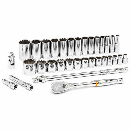 12 Point SAE Mechanics Tool Set, 33 Pcs, 1/2" Drive Size, Deep