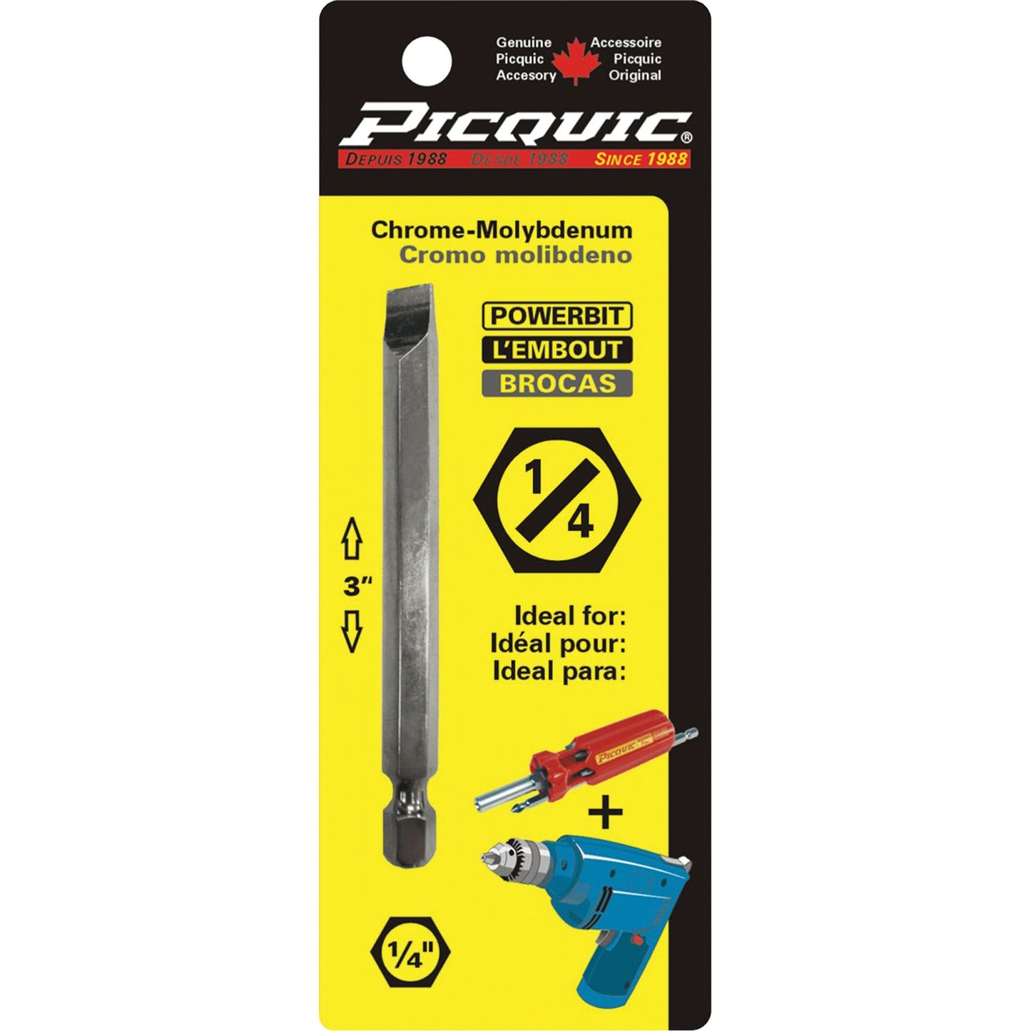Picquic® Powerbit, Slot, 1/4" Tip, 1/4" Drive Size, 3" Length