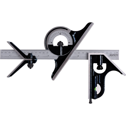 Combination Square Set with E/M Rule, 4 pcs., 1/64"/0.5 mm Graduations, Steel, Plain