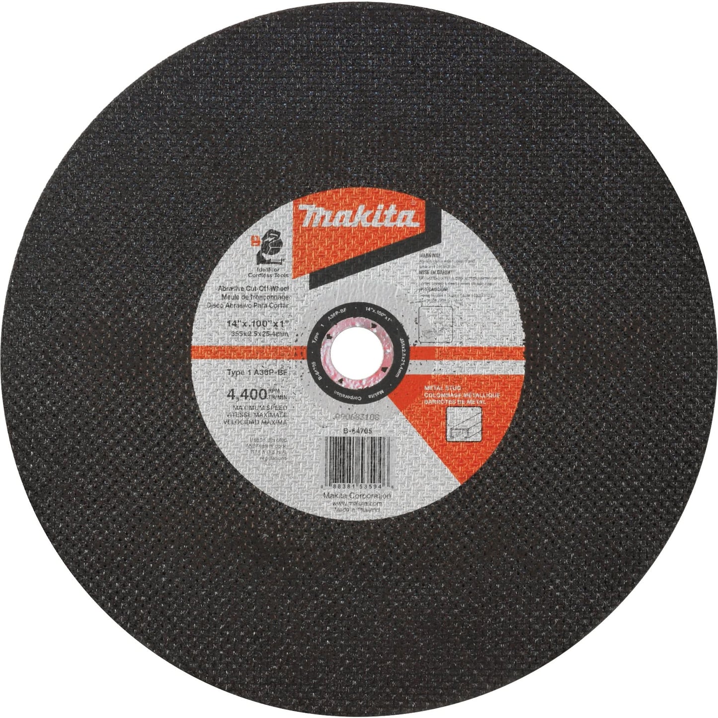 Abrasive Cut-Off Wheel, 14" x 3/32", 1" Arbor, Type 1, Aluminum Oxide, 4400 RPM