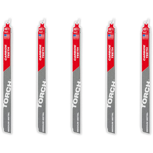 TORCH™ 5-Pack with Carbide Teeth for Medium Metal, Carbide, 10 TPI, 12" L x 1" W