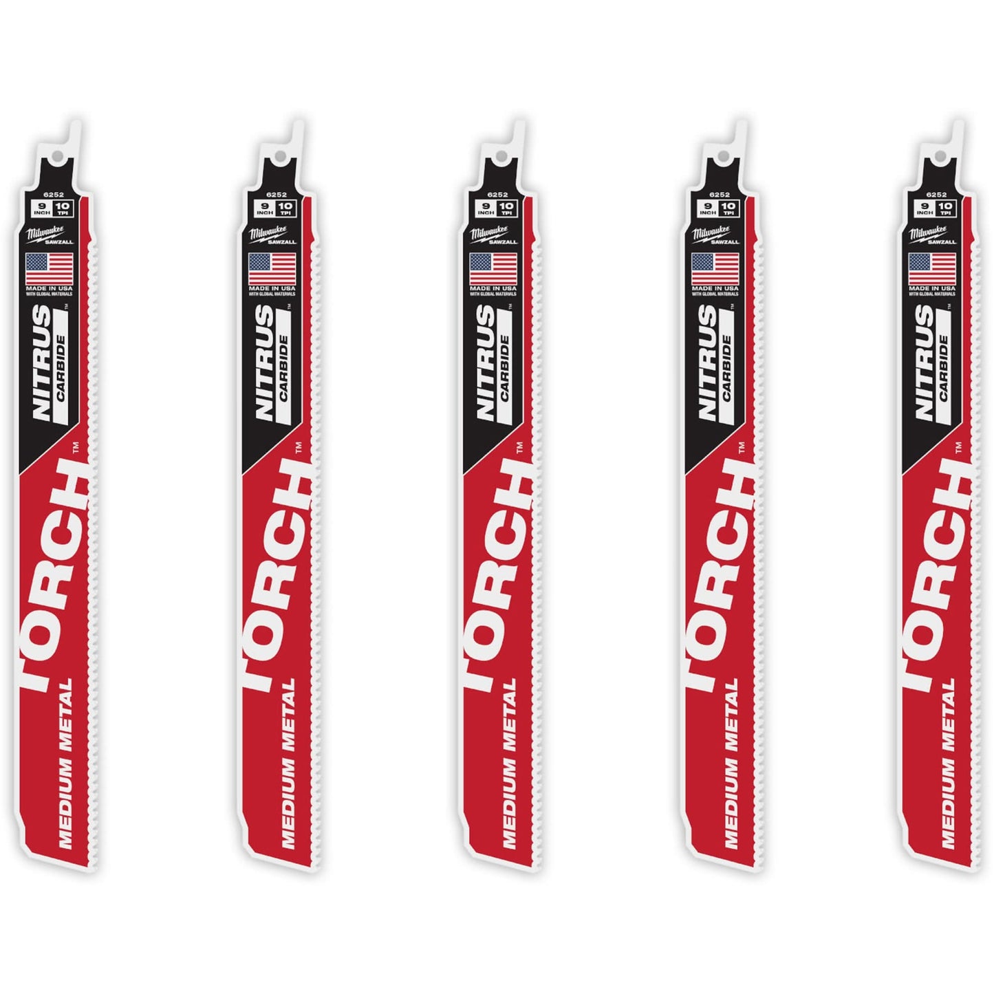 TORCH™ 5-Pack with NITRUS CARBIDE™ Teeth for Medium Metal, Carbide, 10 TPI, 9" L x 1" W