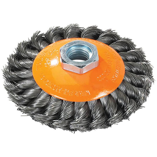 Knot-Twisted Saucer Cup Wire Wheel, 7" Dia., 0.02" Fill, 5/8"-11 Arbor, Steel