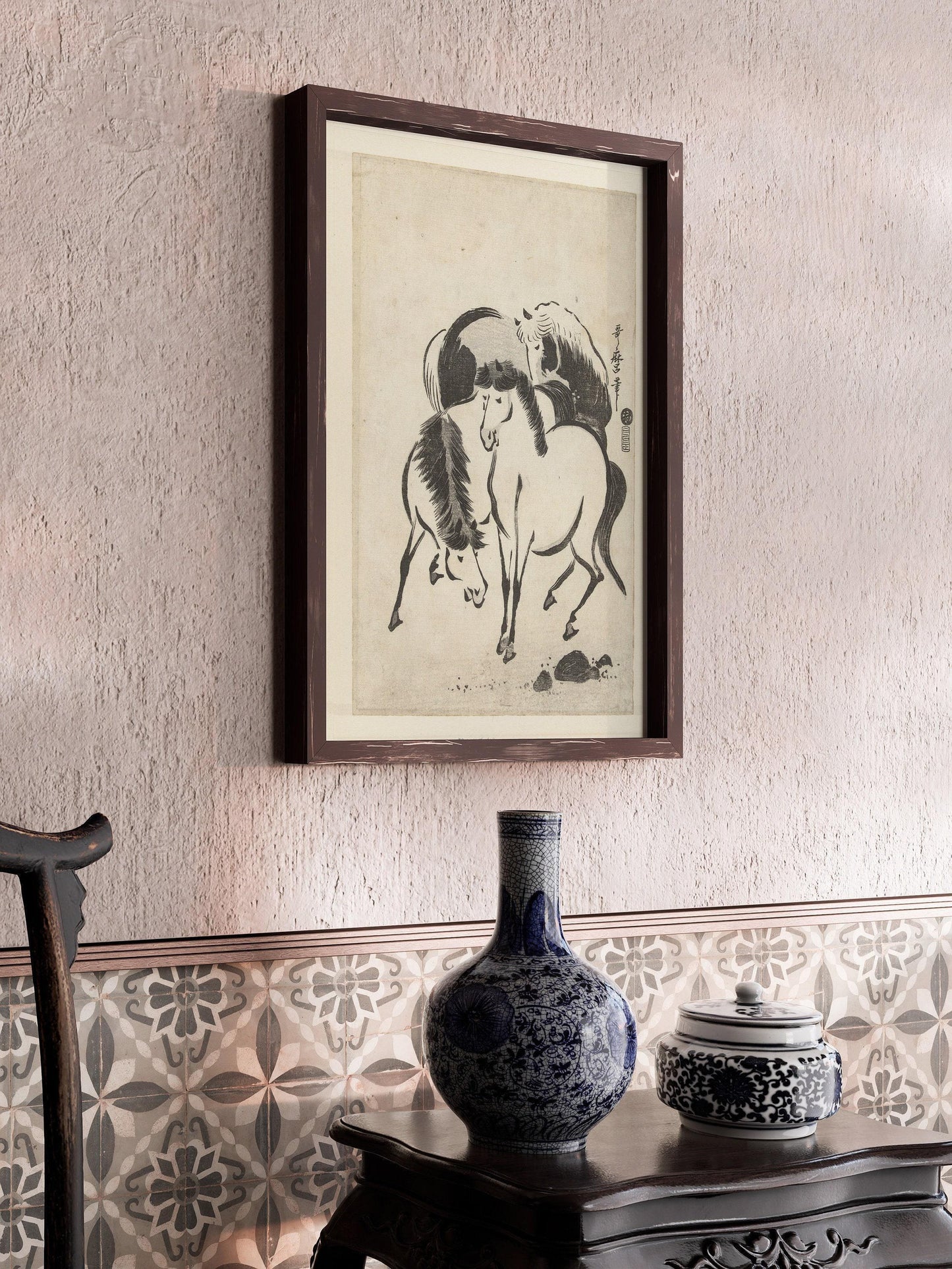 Japanese Horse Print: Utagawa Kitamaro Vintage Sketch Art