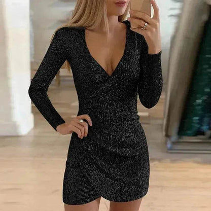 V-neck Hip Irregular Skirt Long Sleeve Women