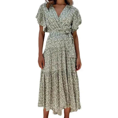 V-neck Lotus Leaf Sleeve Floral Split Dress