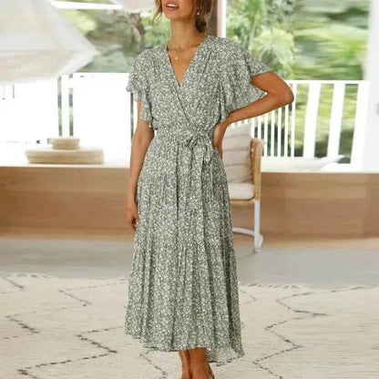 V-neck Lotus Leaf Sleeve Floral Split Dress