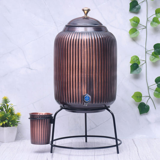 Distributeur d'eau en cuivre pur avec verre et support – Motif corde antique 5L/8L | Ayurvédique, Fait main