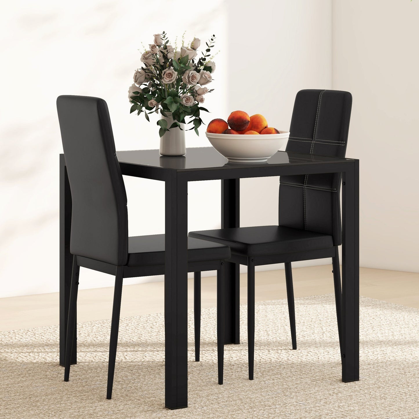 Zaya 3-Piece Rectangular Glass Dining Set for Small Spaces-Black