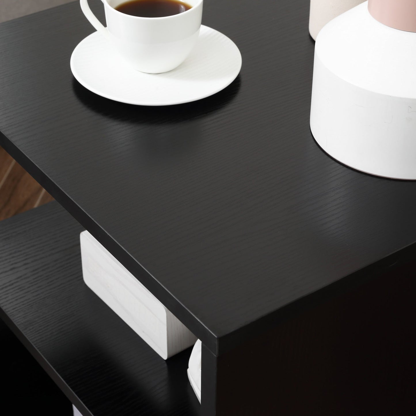 Caelan Wooden S Shape End Table with 3 Tier Storage Shelves-Black